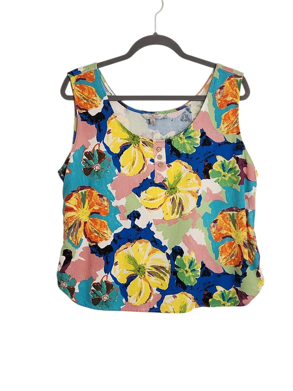 Hester and Orchard Multicolor Floral Linen Blend Cropped Tank Top Size Large